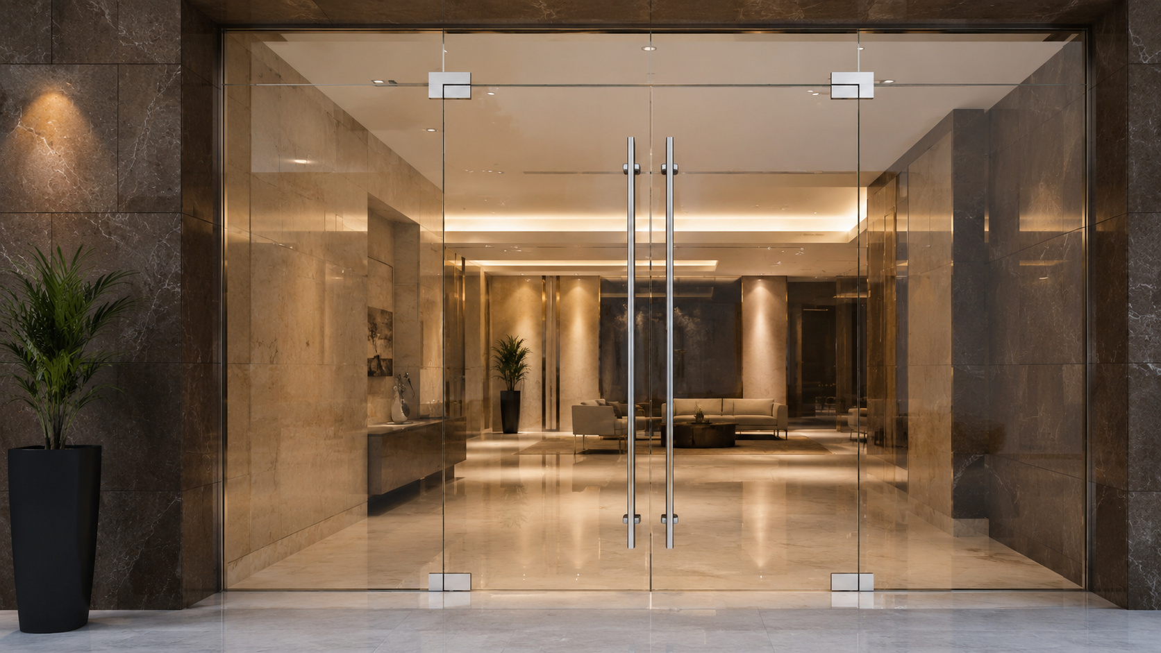 Glass door with supporting hardware, design inspiration